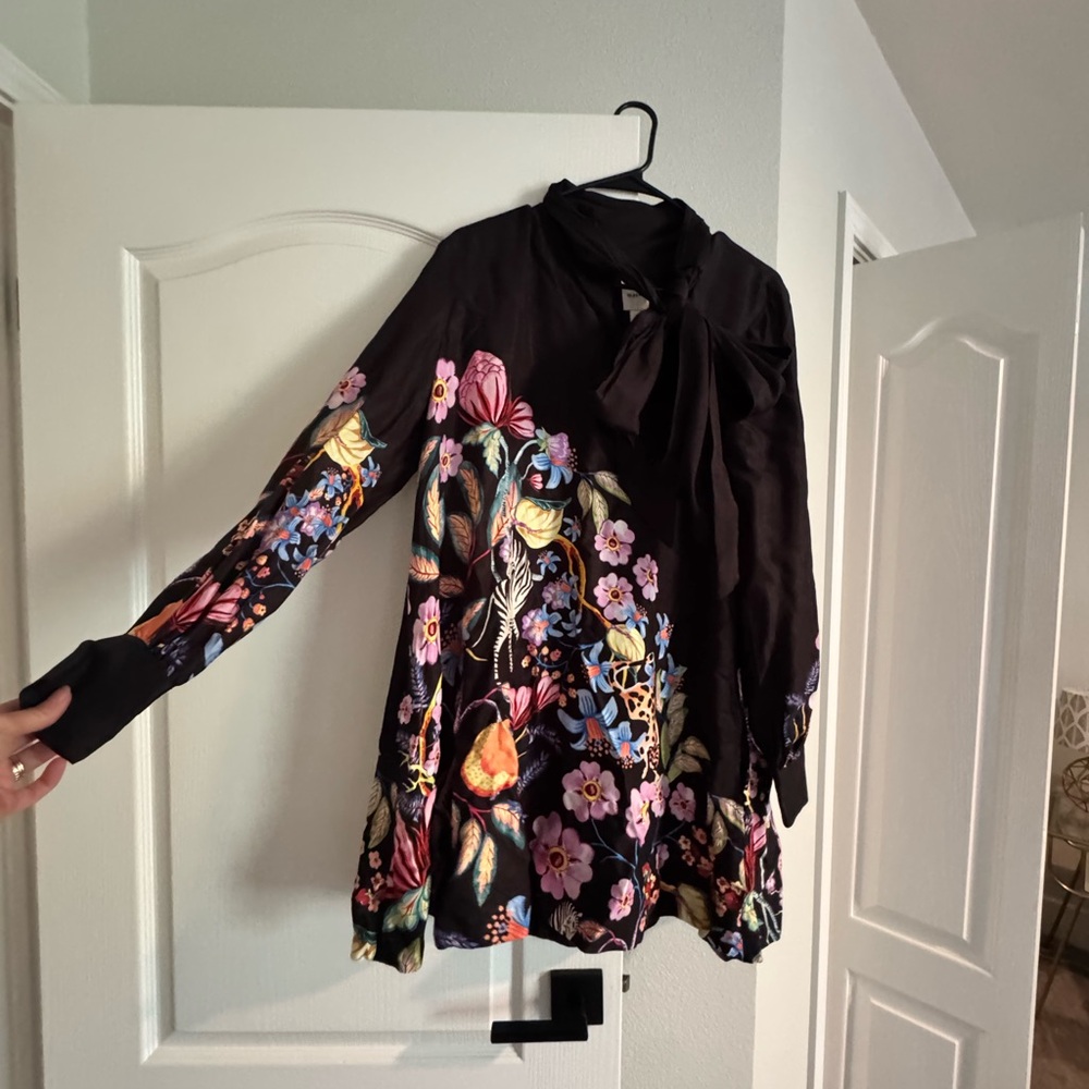 Anthropologie Black Floral Tie-Neck Mini Dress